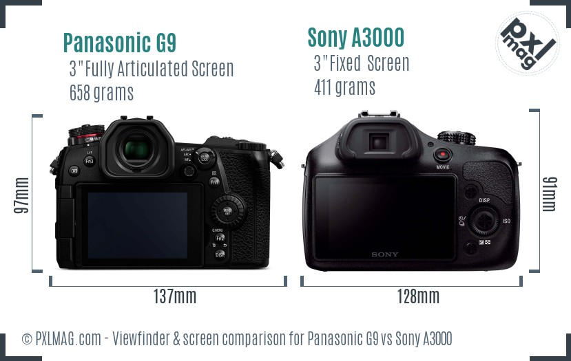 Panasonic G9 vs Sony A3000 Screen and Viewfinder comparison