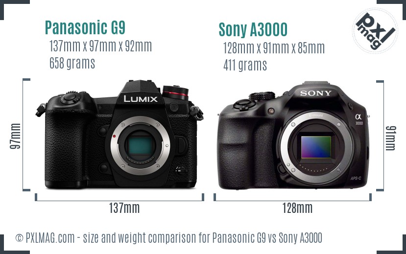 Panasonic G9 vs Sony A3000 size comparison