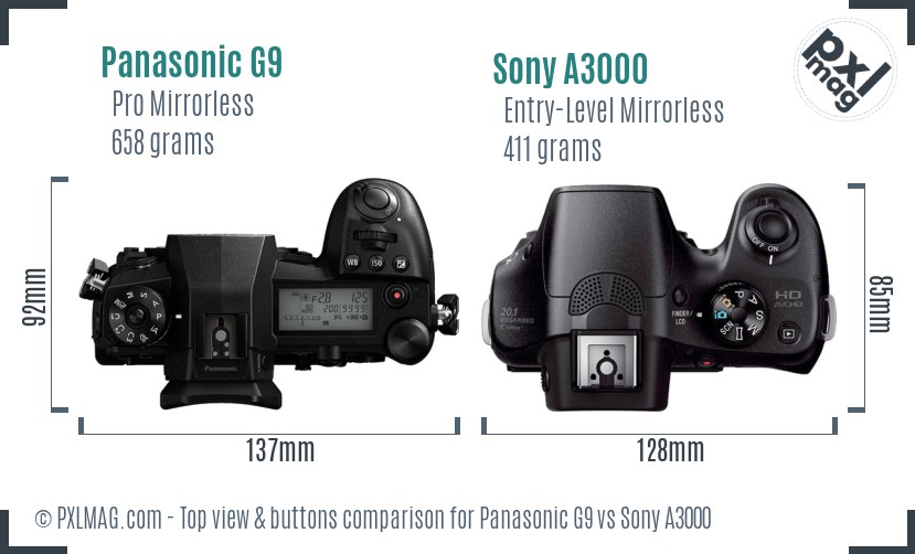 Panasonic G9 vs Sony A3000 top view buttons comparison