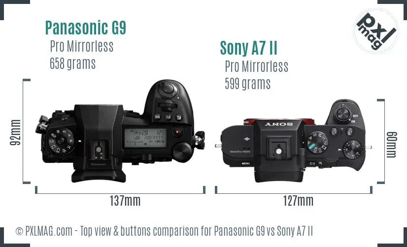 Panasonic G9 vs Sony A7 II top view buttons comparison