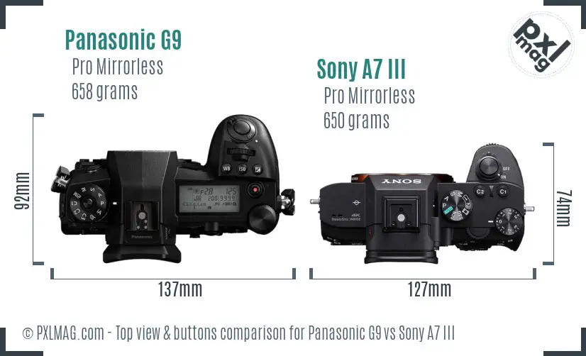 Panasonic G9 vs Sony A7 III top view buttons comparison