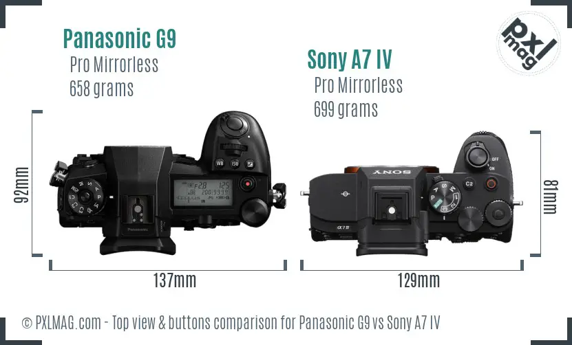 Panasonic G9 vs Sony A7 IV top view buttons comparison