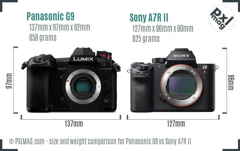 Panasonic G9 vs Sony A7R II size comparison