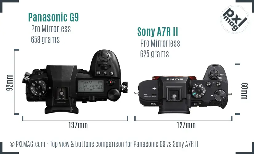 Panasonic G9 vs Sony A7R II top view buttons comparison