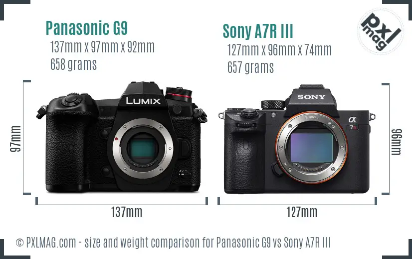 Panasonic G9 vs Sony A7R III size comparison