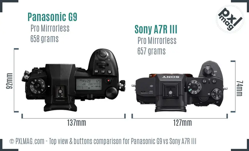 Panasonic G9 vs Sony A7R III top view buttons comparison