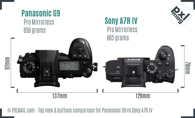 Panasonic G9 vs Sony A7R IV top view buttons comparison