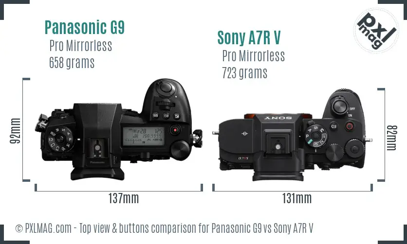 Panasonic G9 vs Sony A7R V top view buttons comparison