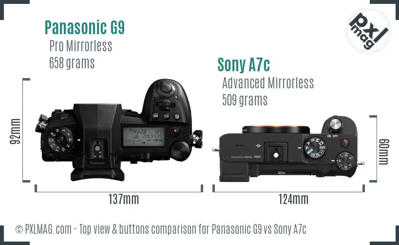 Panasonic G9 vs Sony A7c top view buttons comparison