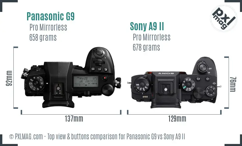 Panasonic G9 vs Sony A9 II top view buttons comparison