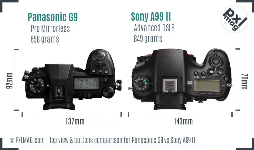 Panasonic G9 vs Sony A99 II top view buttons comparison