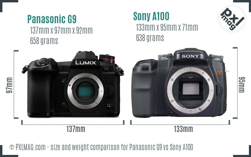 Panasonic G9 vs Sony A100 size comparison