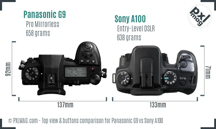 Panasonic G9 vs Sony A100 top view buttons comparison