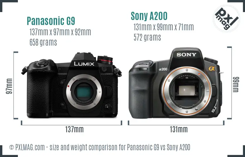 Panasonic G9 vs Sony A200 size comparison