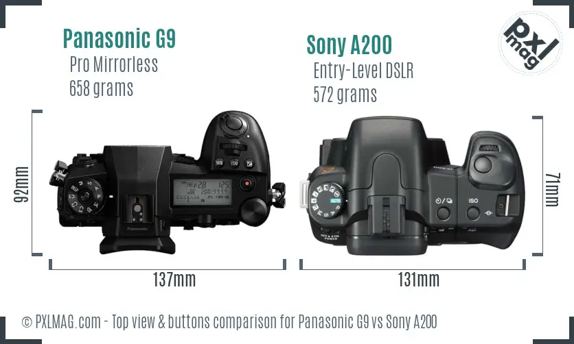 Panasonic G9 vs Sony A200 top view buttons comparison