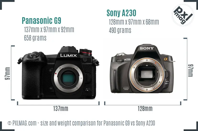Panasonic G9 vs Sony A230 size comparison