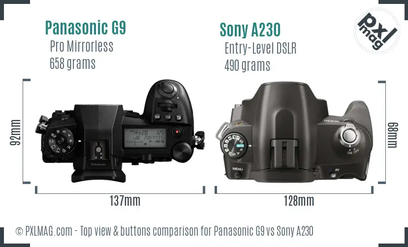 Panasonic G9 vs Sony A230 top view buttons comparison