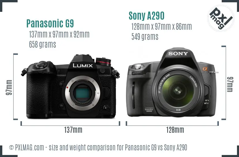Panasonic G9 vs Sony A290 size comparison