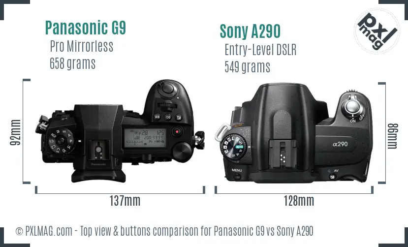 Panasonic G9 vs Sony A290 top view buttons comparison