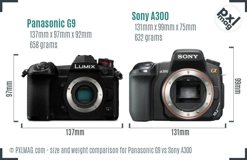 Panasonic G9 vs Sony A300 size comparison