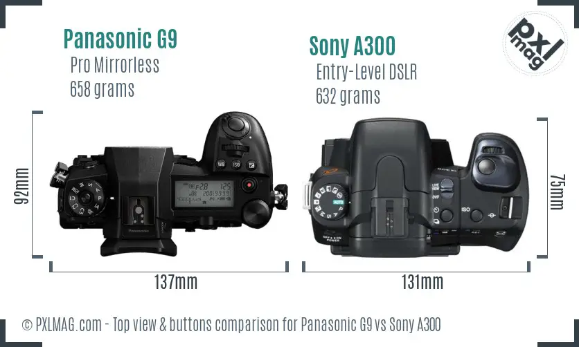 Panasonic G9 vs Sony A300 top view buttons comparison