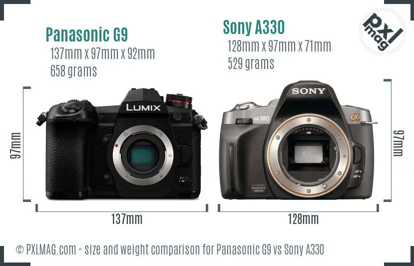 Panasonic G9 vs Sony A330 size comparison