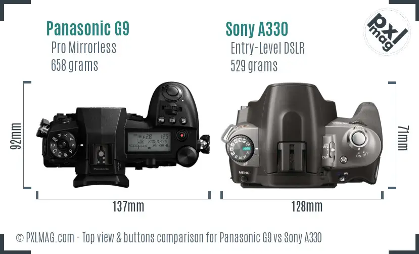 Panasonic G9 vs Sony A330 top view buttons comparison