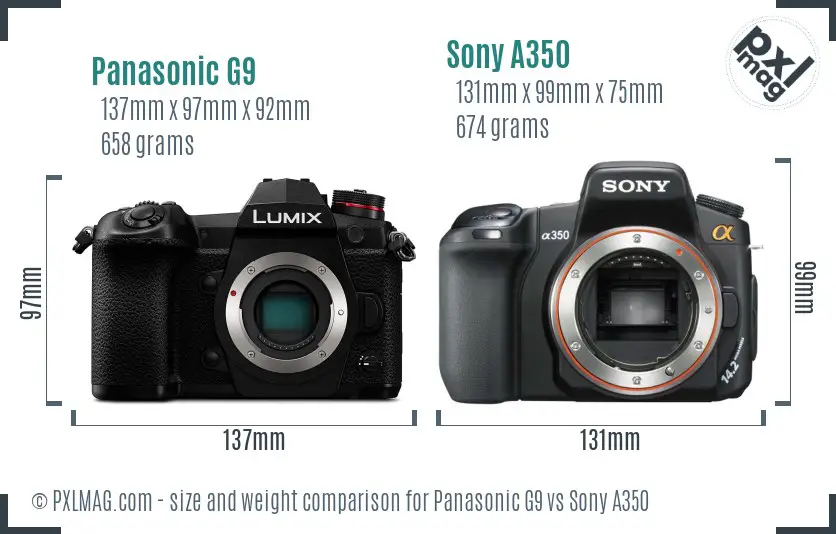 Panasonic G9 vs Sony A350 size comparison