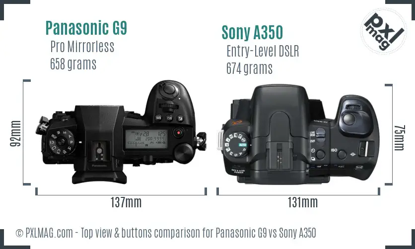 Panasonic G9 vs Sony A350 top view buttons comparison