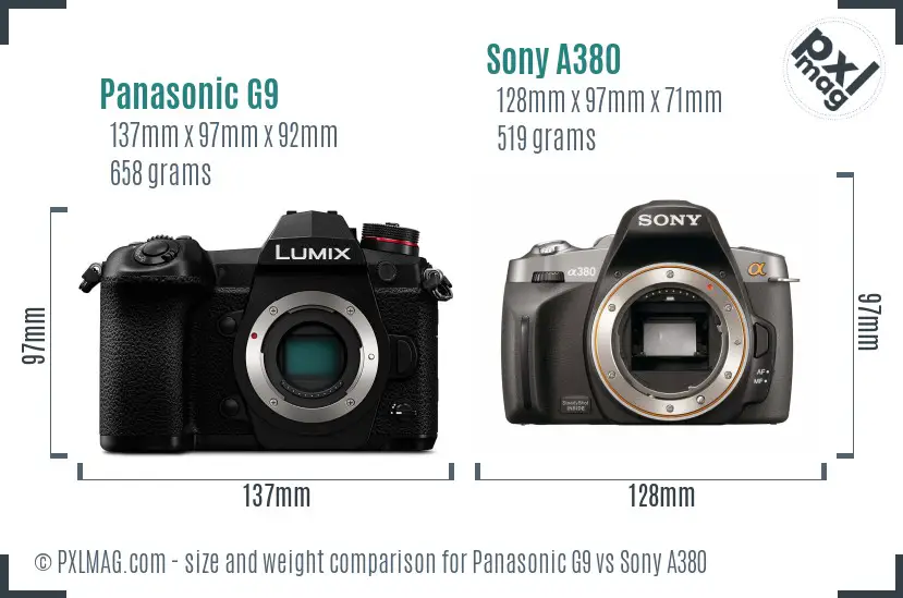 Panasonic G9 vs Sony A380 size comparison