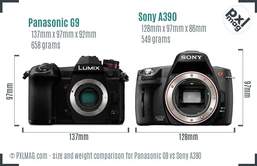 Panasonic G9 vs Sony A390 size comparison
