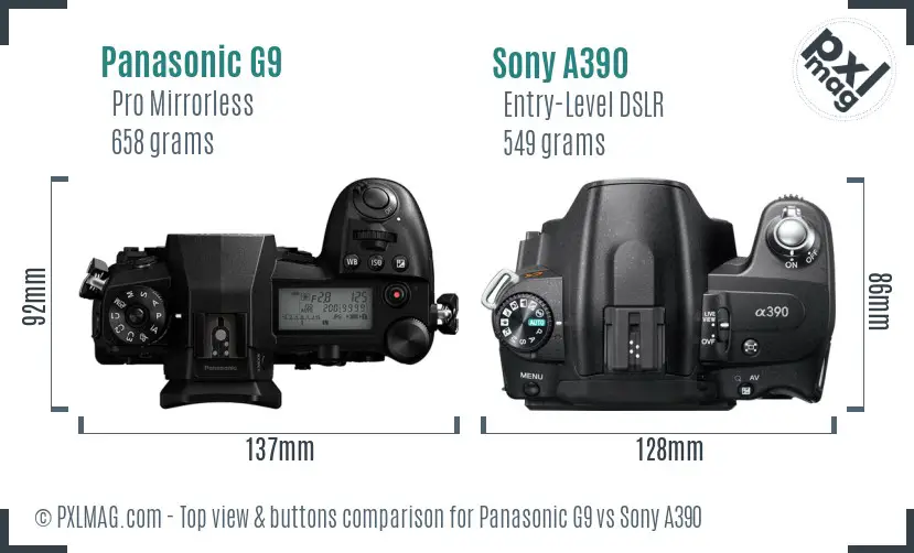 Panasonic G9 vs Sony A390 top view buttons comparison