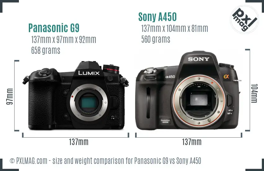 Panasonic G9 vs Sony A450 size comparison