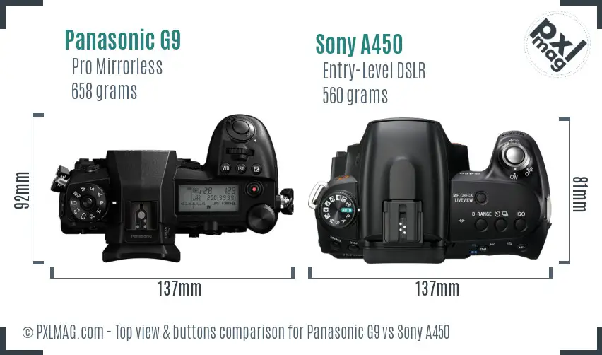 Panasonic G9 vs Sony A450 top view buttons comparison
