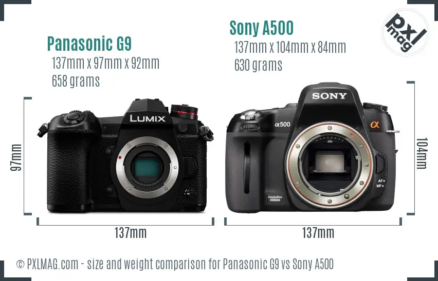 Panasonic G9 vs Sony A500 size comparison