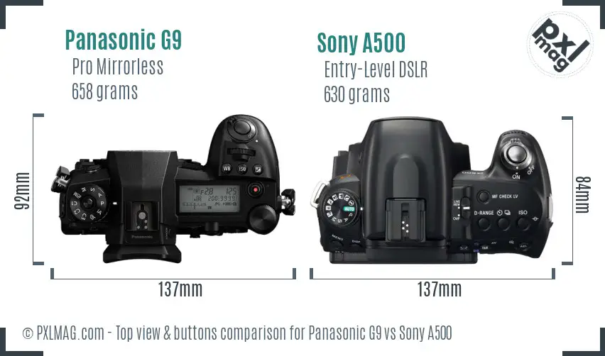 Panasonic G9 vs Sony A500 top view buttons comparison