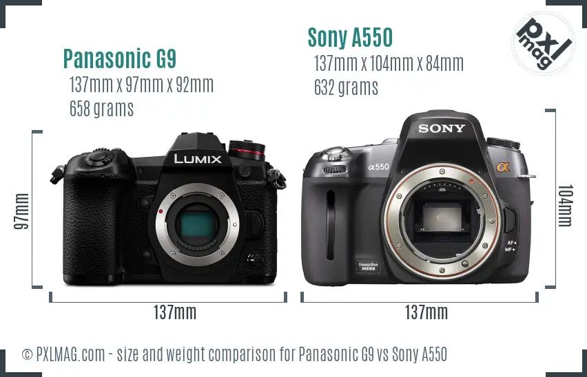 Panasonic G9 vs Sony A550 size comparison