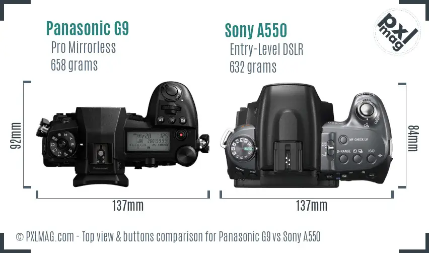 Panasonic G9 vs Sony A550 top view buttons comparison