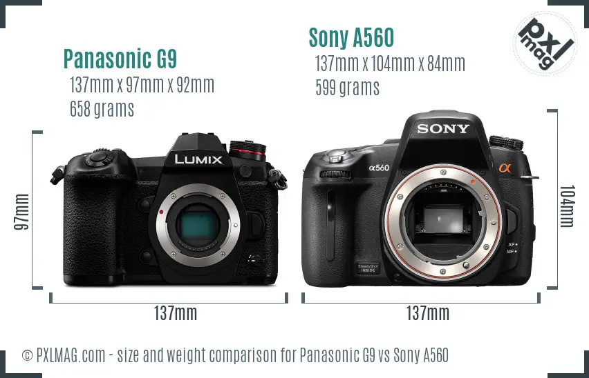 Panasonic G9 vs Sony A560 size comparison