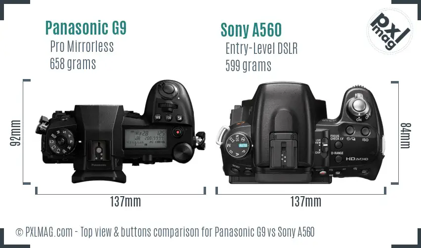 Panasonic G9 vs Sony A560 top view buttons comparison