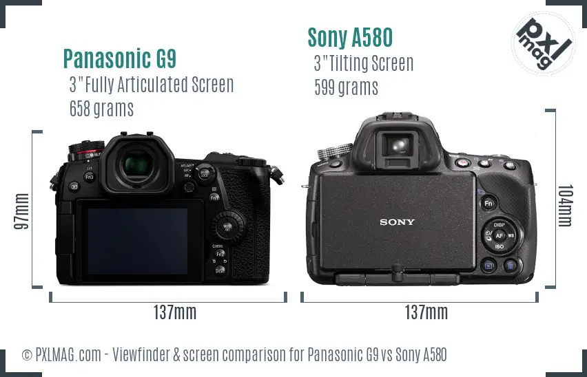 Panasonic G9 vs Sony A580 Screen and Viewfinder comparison