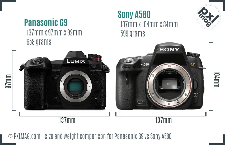 Panasonic G9 vs Sony A580 size comparison