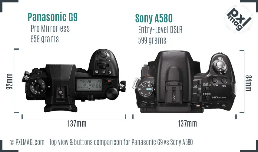 Panasonic G9 vs Sony A580 top view buttons comparison
