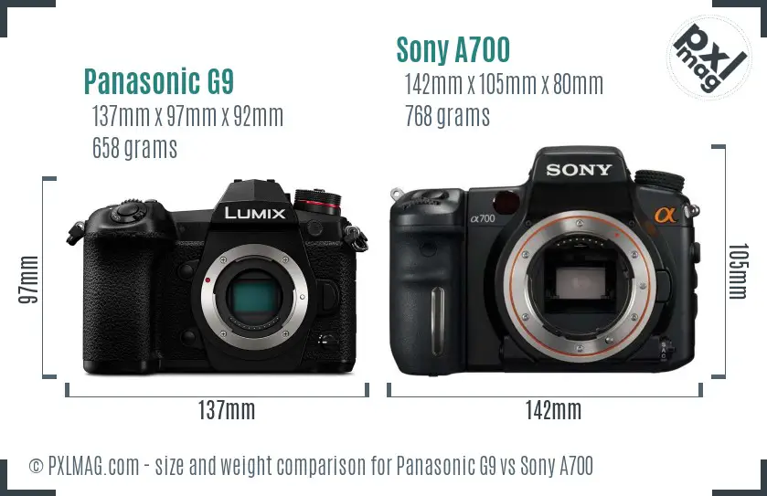 Panasonic G9 vs Sony A700 size comparison