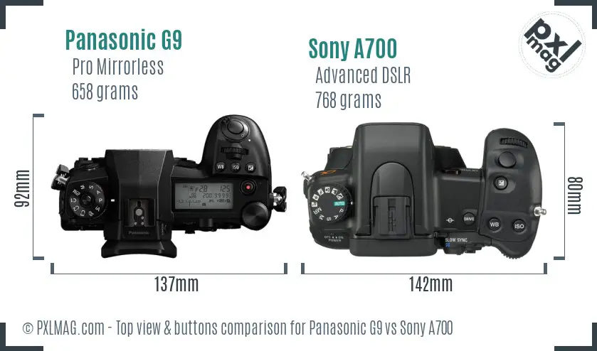 Panasonic G9 vs Sony A700 top view buttons comparison