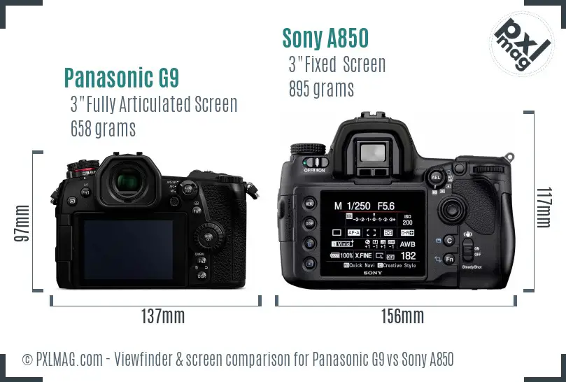 Panasonic G9 vs Sony A850 Screen and Viewfinder comparison