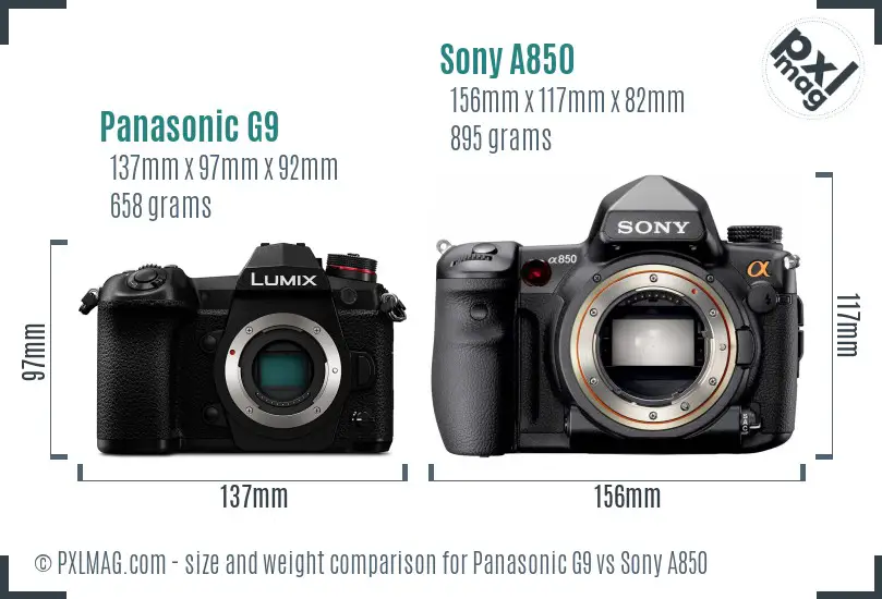 Panasonic G9 vs Sony A850 size comparison