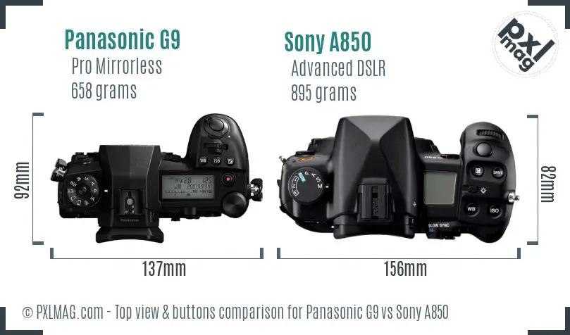 Panasonic G9 vs Sony A850 top view buttons comparison