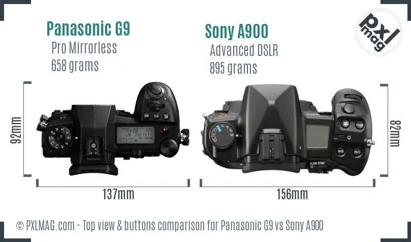 Panasonic G9 vs Sony A900 top view buttons comparison
