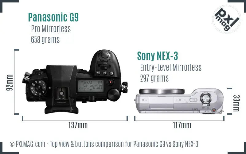 Panasonic G9 vs Sony NEX-3 top view buttons comparison